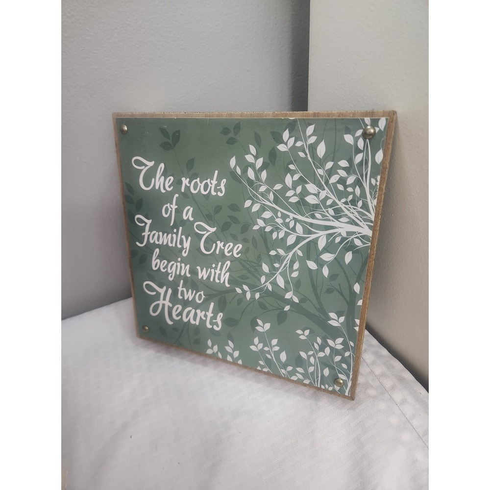 Family Tree Roots Two Hearts Wooden Shadow Box Sign Green White Wall Art Decor